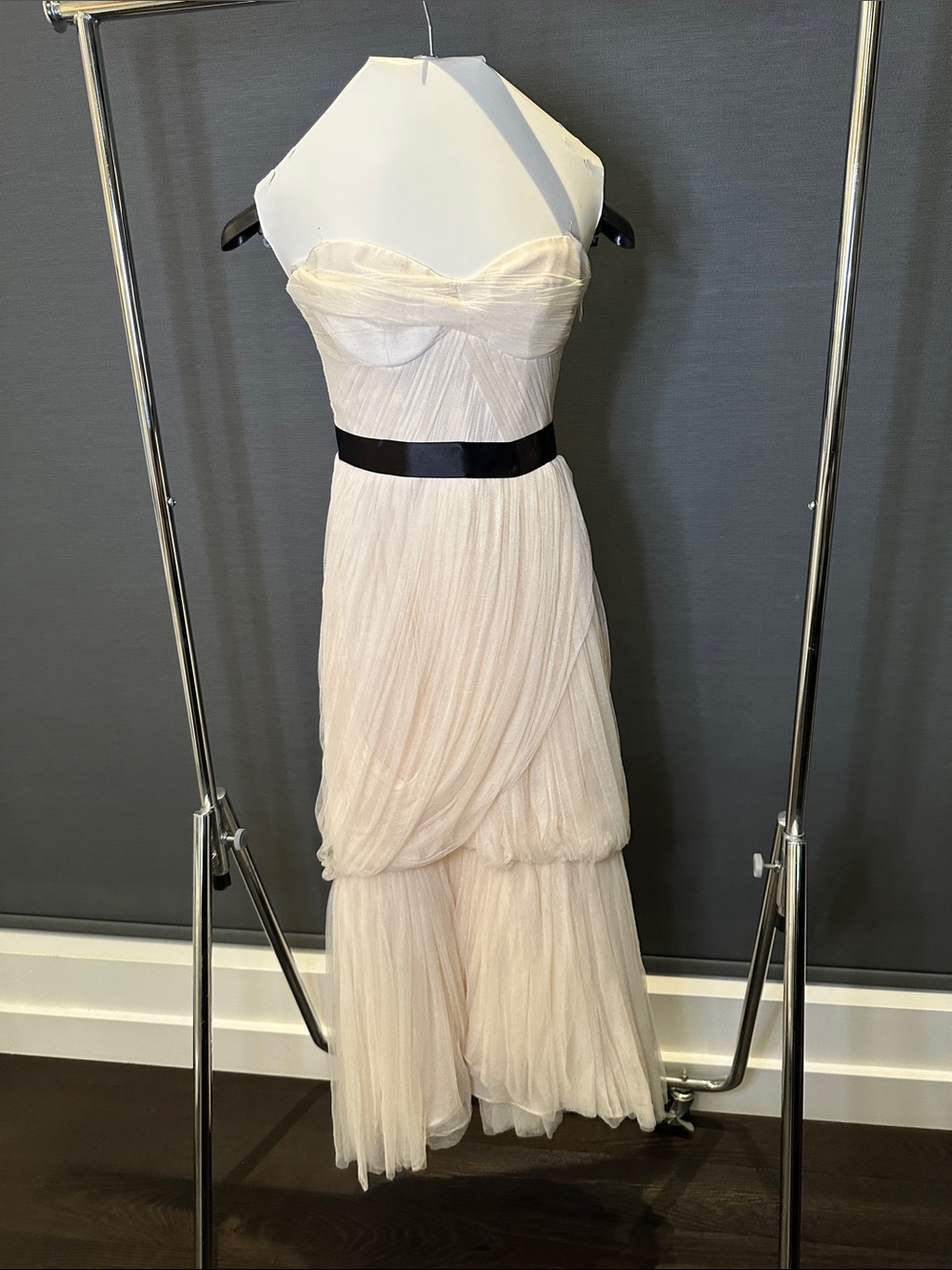 Monique Lhuillier Cream Strapless Pleated Gown with Black Waistband